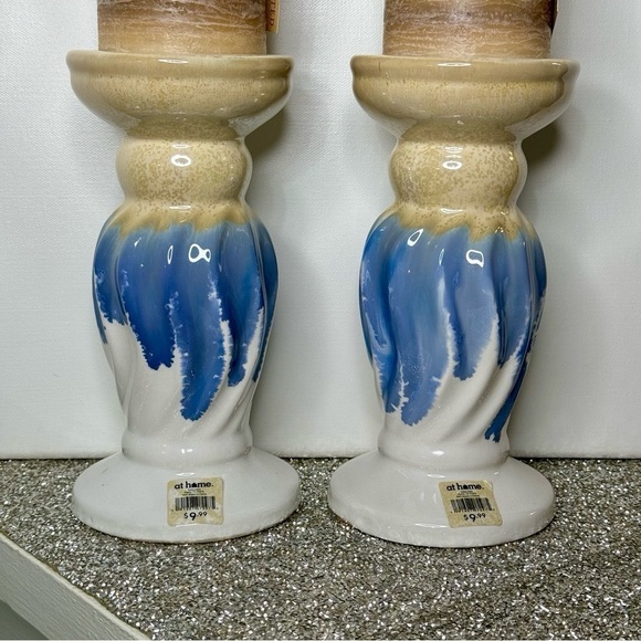Blue Glaze Ceramic Pillar Candle Holder Set - Picture 4 of 5